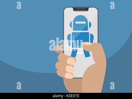Hand mit modernen Blende smartphone. Roboter auf das Symbol auf dem Touchscreen als Konzept für die Automatisierung oder Digitalisierung in einer mobilen Welt angezeigt. Illustra Stockfoto