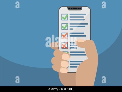 Hand mit modernen Blende Smartphone mit Checkliste oder der Aufgabenliste auf dem Touchscreen angezeigt. Konzept für Dinge online durchgeführt. Abbildung i Stock Vektor