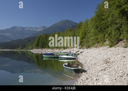 Ruderboote am Sylvenstein Stausee, in der Isar Valley, Oberbayern, Bayern, Deutschland, Stockfoto