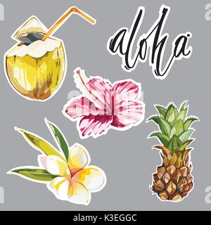 Aloha. Einstellen der netten Aufkleber mit tropischen Blumen, Kokosnuss und Ananas. Niedliche Sticker, Patches oder Stifte Sammlung. Tropische Atmosphäre Aufkleber Set. Stock Vektor