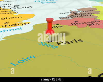 Stecknadel auf Paris Karte Hintergrund. 3D-Darstellung. Stockfoto