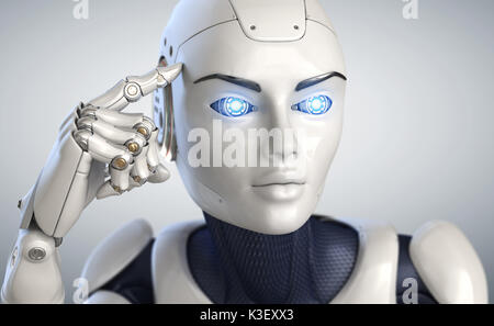 Roboter hält einen Finger in der Nähe des Kopfes. 3D illustration