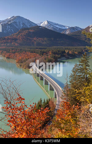 Die herbstlichen Bergwald an der Brücke am Sylvenstein Stausee, Fallen Dorf in der Nähe von Lenggries, Oberbayern, Bayern, Deutschland Stockfoto