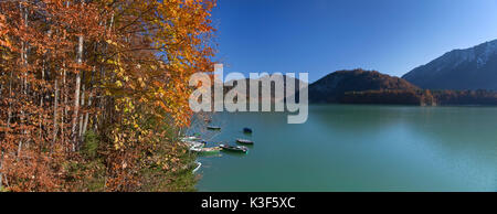 Ruderboote im Herbst am Sylvenstein Stausee, Fallen Dorf in der Nähe von Lenggries, Oberbayern, Bayern, Deutschland Stockfoto