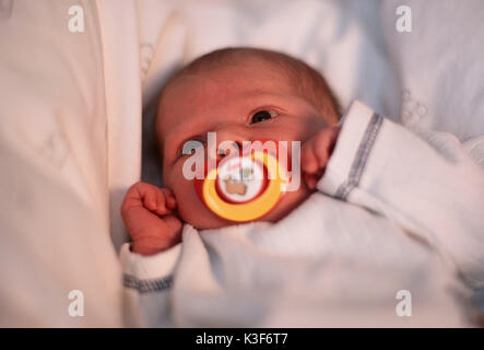 Auf der Rückseite baby liegend mit Dummy im Mund Stockfoto