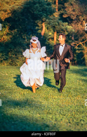 Braut und Bräutigam läuft Hand in Hand auf einer Wiese entlang Stockfoto