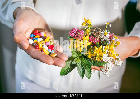 Arzt während des Konflikts zwischen den Pillen und Drogen, in einer Hand die Pillen, in der anderen Kräutern Stockfoto