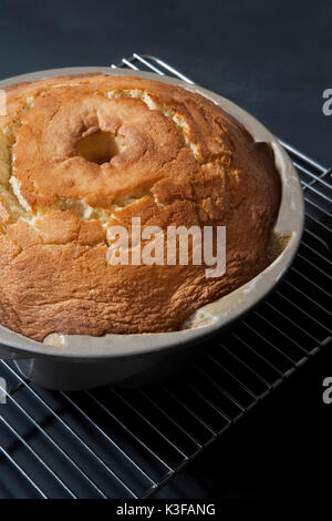 Hohe Betrachtungswinkel von Vanille bundt Cake in Bundt Wanne auf Kühlung Rack Stockfoto