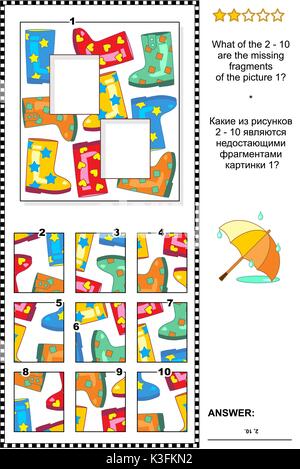 IQ training Visual Logic Puzzle, geeignet sowohl für Erwachsene und Kinder: Was der 2-10 sind die fehlenden Fragmente von Bild 1? Antwort enthalten. Stock Vektor