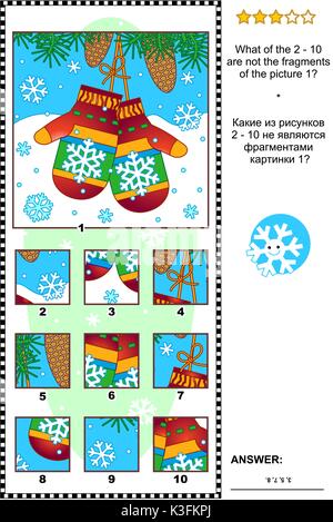 Weihnachten, Winter oder im neuen Jahr visuelle Logik Puzzle mit Handschuhe: Was der 2 - 10 sind nicht die Fragmente der Bild 1? Antwort enthalten. Stock Vektor
