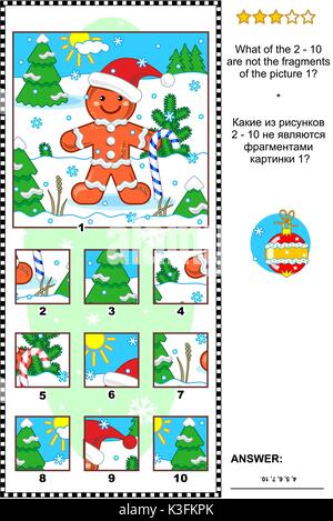 Weihnachten, Winter oder im neuen Jahr visuelle Logik Puzzle mit Ingwer Mann: Was der 2 - 10 sind nicht die Fragmente der Bild 1? Antwort enthalten. Stock Vektor
