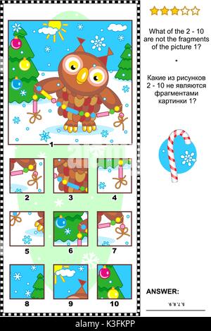 Weihnachten, Winter oder Silvester visuelle Logik Puzzle mit Eulen und Girlande: Was von den 2 - 10 sind nicht die Fragmente des Bildes 1? Antwort enthalten. Stock Vektor