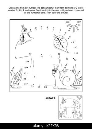 Big Pilz, Mutter und Baby Schnecken schließen Sie die Punkte Bild Puzzle und Färbung. Antwort enthalten. Stock Vektor