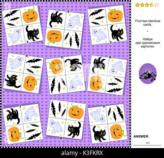 Visuelle logik puzzle Halloween Holiday themed: Die zwei gleiche Karten finden. Geeignet sowohl für Kinder als auch für Erwachsene. Antwort enthalten. Stock Vektor