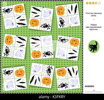 Visuelle logik puzzle Halloween Holiday themed: Die zwei gleiche Karten finden. Geeignet sowohl für Kinder als auch für Erwachsene. Antwort enthalten. Stock Vektor