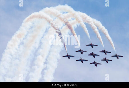 Toronto, Kanada. 2. Sep 2017. Kunstflug Flugzeuge der kanadischen Luftwaffe Snowbirds Team durchführen, während die 68th Canadian International Air Show in Toronto, Kanada, Sept. 2, 2017. Die 68Th Canadian International Air Show trat weg hier am Samstag über den Lake Ontario für das Labor Day Wochenende zu erheben. Credit:/Xinhua/Alamy leben Nachrichten Stockfoto