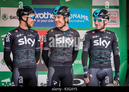 Edinburgh, Großbritannien. 03 Sep, 2017. Radfahrer Geraint Thomas vom Team Sky Anmelden an den Start der OVO Energy Tour von Großbritannien in Edinburgh, Schottland, am 3. September 2017. Credit: Andy Catlin/Alamy leben Nachrichten Stockfoto