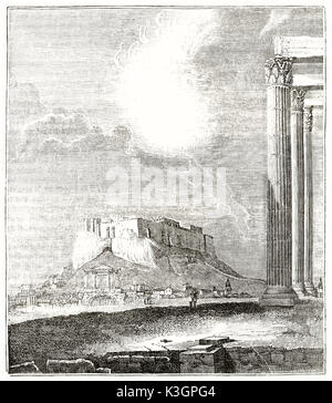 Alte Aussicht auf die Akropolis von Athen. Von unbekannter Autor, auf Magasin Pittoresque, Paris, 1838 veröffentlicht. Stockfoto