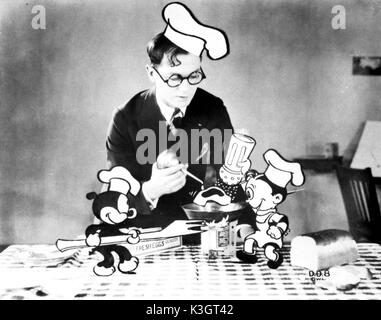 Animator Walter Lantz mit seinen Kreationen DINKY DOODLE und seinem Hund WEAKHEART IM MAGIC CARPET Stockfoto