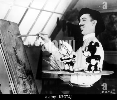 Animator Walter Lantz mit seinen Kreationen DINKY DOODLE und seinem Hund WEAKHEART IN DER RATTENFÄNGER Stockfoto