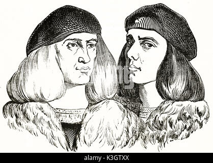 Alte graviert Portrait von Gentile (1429-1507) und Giovanni (Ca. 1433 - 1516) Bellini, italienischen Künstlern. Von unbekannter Autor, auf Magasin Pittoresque, Paris, 1838 veröffentlicht. Stockfoto