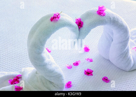 Die Handtücher in Form von Schwänen angeordnet und mit Bougainvillea Blumen geschmückt. Stockfoto