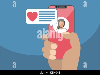 Konzept der on-line-dating und Handy Chat app. Männliche hand mit modernen Einfassung-Smartphone als Vektor Illustration mit Herz Symbol im Chat-Fenster Stock Vektor