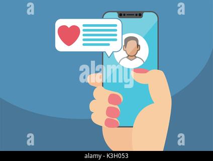 Konzept der on-line-dating und Handy Chat app. Weibliche Hand, die eine moderne Einfassung-Smartphone als Vektor Illustration mit Herz Symbol im Chat-Fenster. Stock Vektor