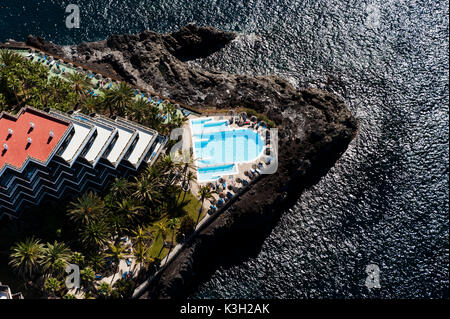 Hotelkomplex Sol, den Atlantik und Puerto Naos, Insel La Palma, Kanaren Insel, Luftbild, Spanien Stockfoto