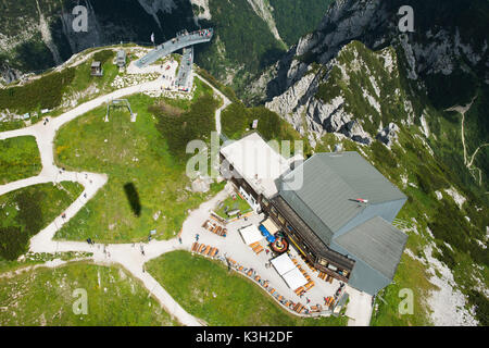 Alpspitz Bahn, Alpspix, Osterfelder, obere Klemme, Bergrestaurant, Garmisch-Partenkirchen, Luftbild, Deutschland, Bayern, Oberbayern, Bayerische Alpen, Zugspitze, Werdenfelser Land Region Stockfoto