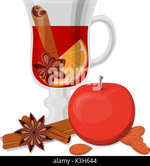 Glühwein, Apple und duftende Gewürze auf weißem Hintergrund. Stock Vektor