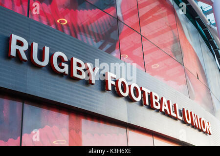 England, London, Richmond, Twickenham Rugby Stadion Rugby Football Union Fußball Zeichen Stockfoto