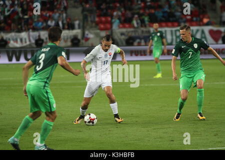 Trnava, Slowakei, 1. September 2017. Marek Hamšík (Mitte) während der FIFA WM 2018 Qualifikation zwischen der Slowakei und Slowenien 1-0. Stockfoto