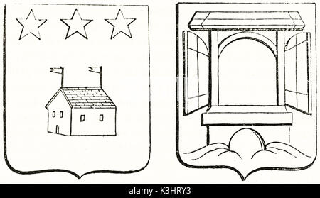 Alte graviert Reproduktion von 2 Wappen: Haus und Sterne, Fenster. Von unbekannter Autor, auf Magasin Pittoresque, Paris, 1838 veröffentlicht. Stockfoto