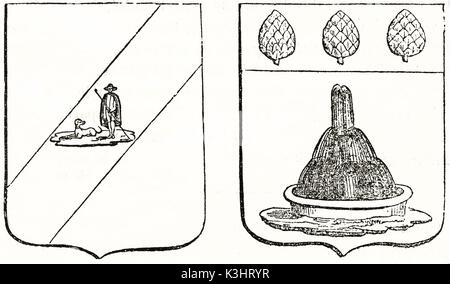 Alte graviert Reproduktion von 2 Wappen: Hirte, Brunnen und Artischocken. Von unbekannter Autor, auf Magasin Pittoresque, Paris, 1838 veröffentlicht. Stockfoto