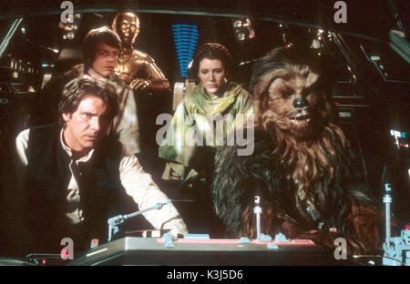 STAR WARS: Episode VI - Die Rückkehr der Jedi-Ritter Harrison Ford als Han Solo, Mark Hamill, Luke Skywalker, Anthony Daniels, wie C-3PO, Carrie Fisher als Prinzessin Leia, PETER MAYHEW als Chewbacca Datum: 1983 Stockfoto