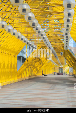 Perspektive und abstrakte Sicht auf die Fußgängerbrücke. Brücke über Fluss Moskwa, zwischen Luzhniki-stadion und Gorki Park in Moskau. Stockfoto