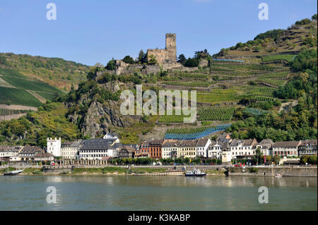 Deutschland, Rheinland-Pfalz, Kaub, (Burg) Burg Gutenfels, den romantischen Rhein als Weltkulturerbe der UNESCO Stockfoto