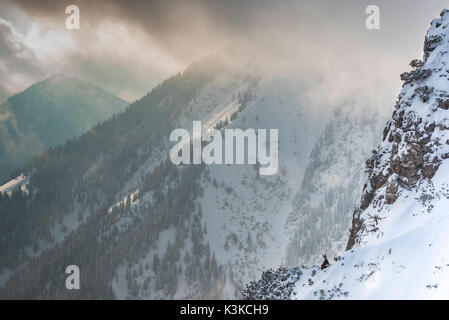 Gämsen auf eine schneebedeckte Projektion unterhalb des Gipfels der Herzogstand, während Dramatischen Licht und Wetter Stimmung. Stockfoto