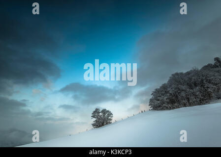 Wetter Stimmung - Landschaft mit Schnee bedeckt, weide zaun in den Hang und Bäumen. Im Hintergrund ein Berg von Wettersteingebirge. Stockfoto