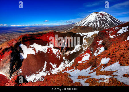 Die Red Crater des Tongariro Vulkan, mit Schnee und Vulkankegel des Mt. Ngauruhoe. Stockfoto