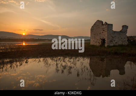 Morgen im Salinen Secovlje Stockfoto