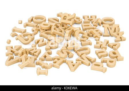 Stapel von Holz- Buchstaben, 3D-Rendering auf weißem Hintergrund Stockfoto