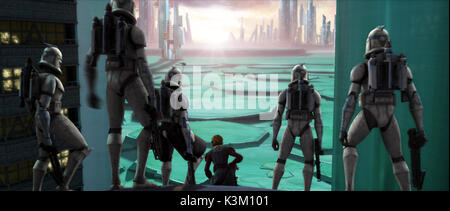STAR WARS: The Clone Wars Jedi Knight und Klon Armee General Anakin Skywalker Umfragen der Schlachtszene mit seinen Truppen bereit Datum: 2008 Stockfoto
