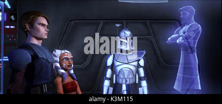 STAR WARS: The Clone Wars Anakin Skywalker, Ahsoka und seinen Padawan Lernenden einen Clone Trooper mit Obi-Wan Kenobi Datum: 2008 kommunizieren. Stockfoto