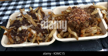 Zog Schwein mit Pommes frites in Mozzarella abgedeckt Stockfoto