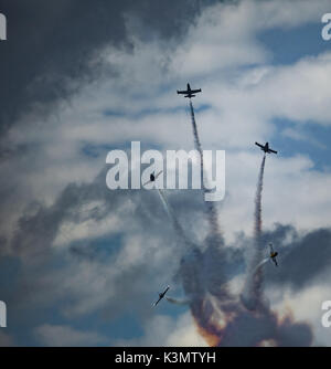 50 Anniverasry des Megeve Altiport, August 2017: Breitling Jet Team in Aktion auf Aero Jet L - 39 Albatros Stockfoto