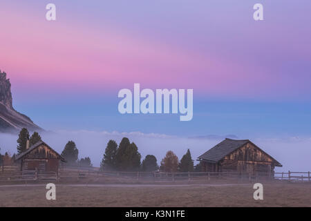 Europa, Südtirol, Bozen, Passo delle Erbe. Typische Berghütten in einer nebligen pink Dawn Stockfoto