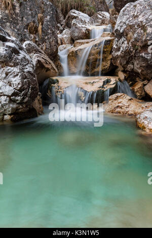 Kleine Wasserfälle von türkisfarbenem Wasser im Val Salet, Monti del Sole, Nationalpark Belluneser Dolomiten, Italien Stockfoto