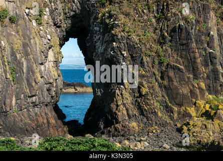 Auf der Suche durch einen natürlichen Meer getragen Arch behauptete, zu wie eine Dame in einem Schleier, fidra Insel, erhabene Schottland Großbritannien an einem sonnigen Tag mit blauen Himmel schauen Stockfoto